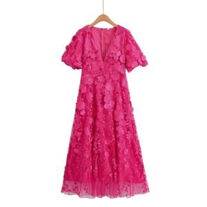 Three dimensional flower V-neck short sleeved long dress - Deep Pink, S