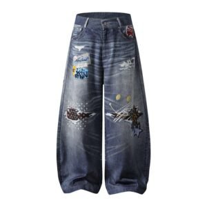 Embroidered Denim Pants Unisex Wide Leg Straight Leg Long Pants Trendy - Blue, S