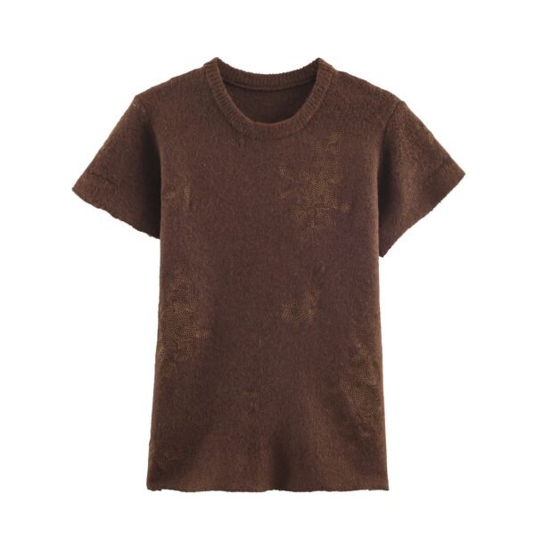 Simple and versatile embroidered short sleeved knitted top - Brown, S