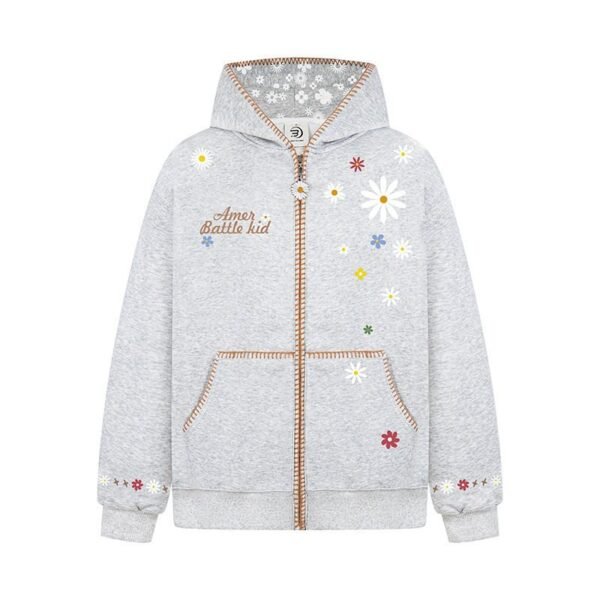 Floral Embroidery Hooded Sweatshirt Unisex Loose Casual Outerwear