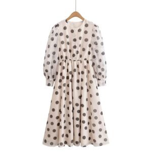 Polka dot print round neck bubble sleeves cinched waist jumpsuit long skirt - Polka Dot, S