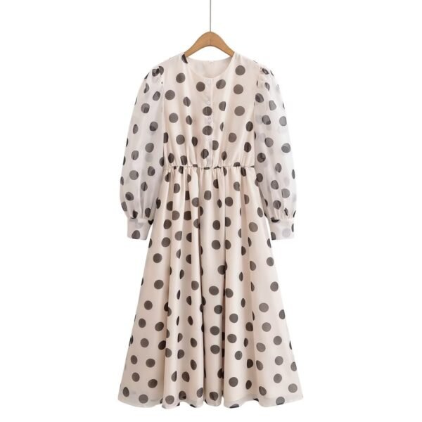 Polka dot print round neck bubble sleeves cinched waist jumpsuit long skirt - Polka Dot, S